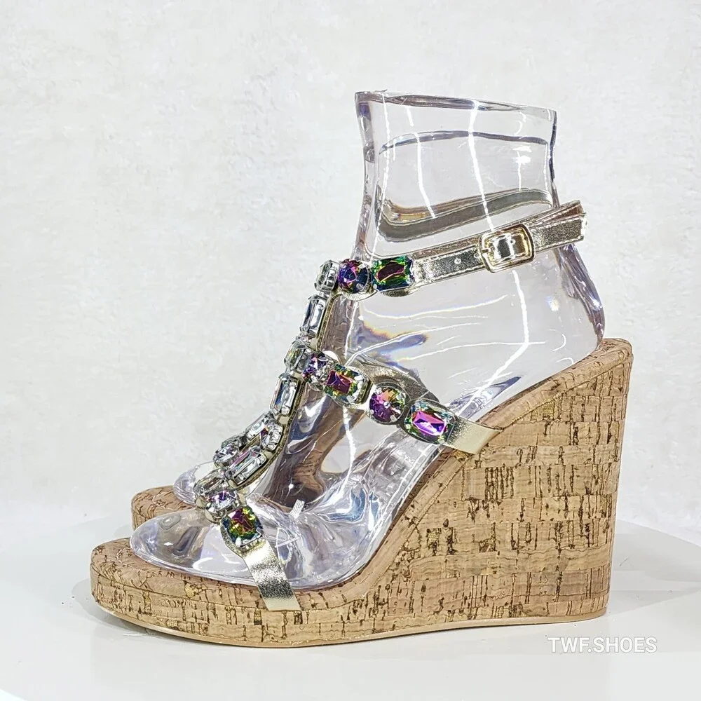 NIB Summer Time Colorful Jeweled Cork Wedge High Heel Sandals